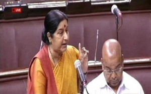 NEW DELHI, MAR 3 (UNI):- A TV Grab shows External Affairs Minister Sushma Swaraj speaking at Rajya Sabha in New Delhi on Thursday. UNI PHOTO-38U